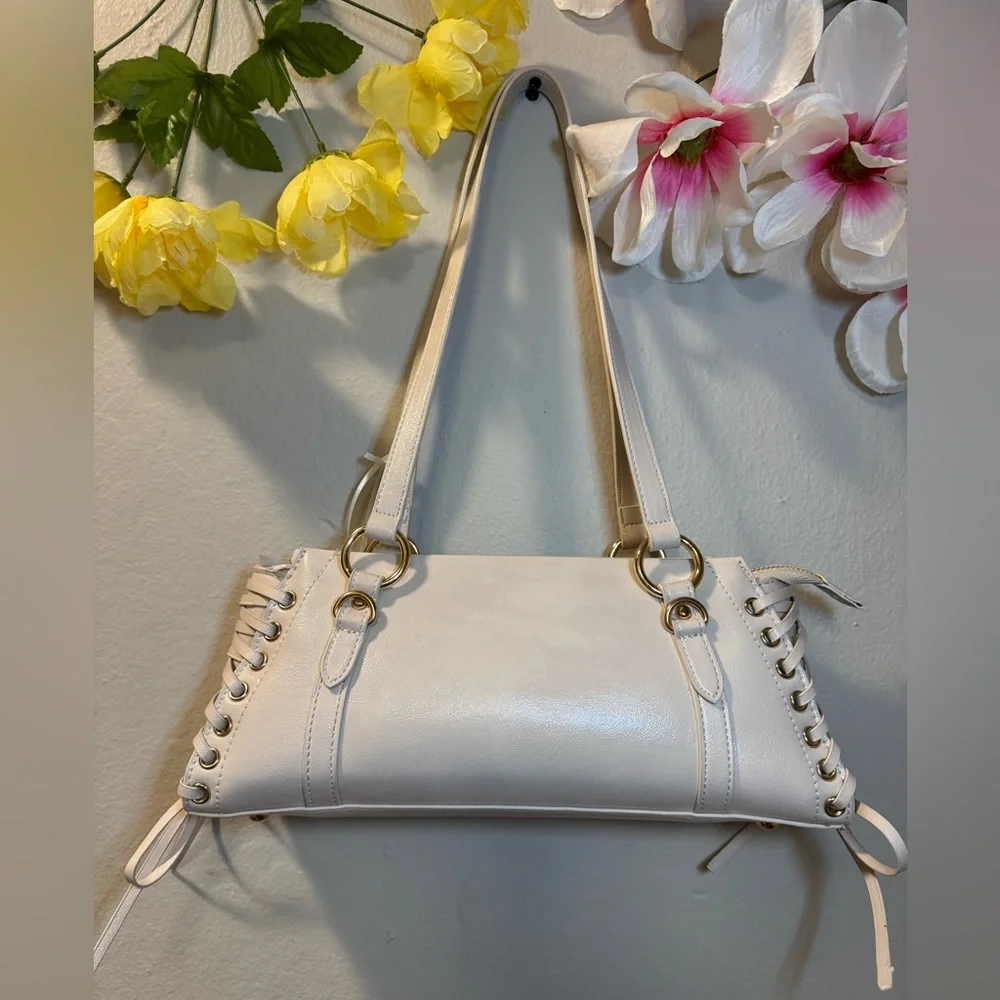 Cream Shoulder Bag with Lace-Up Side Detail - Picture 1 of 13